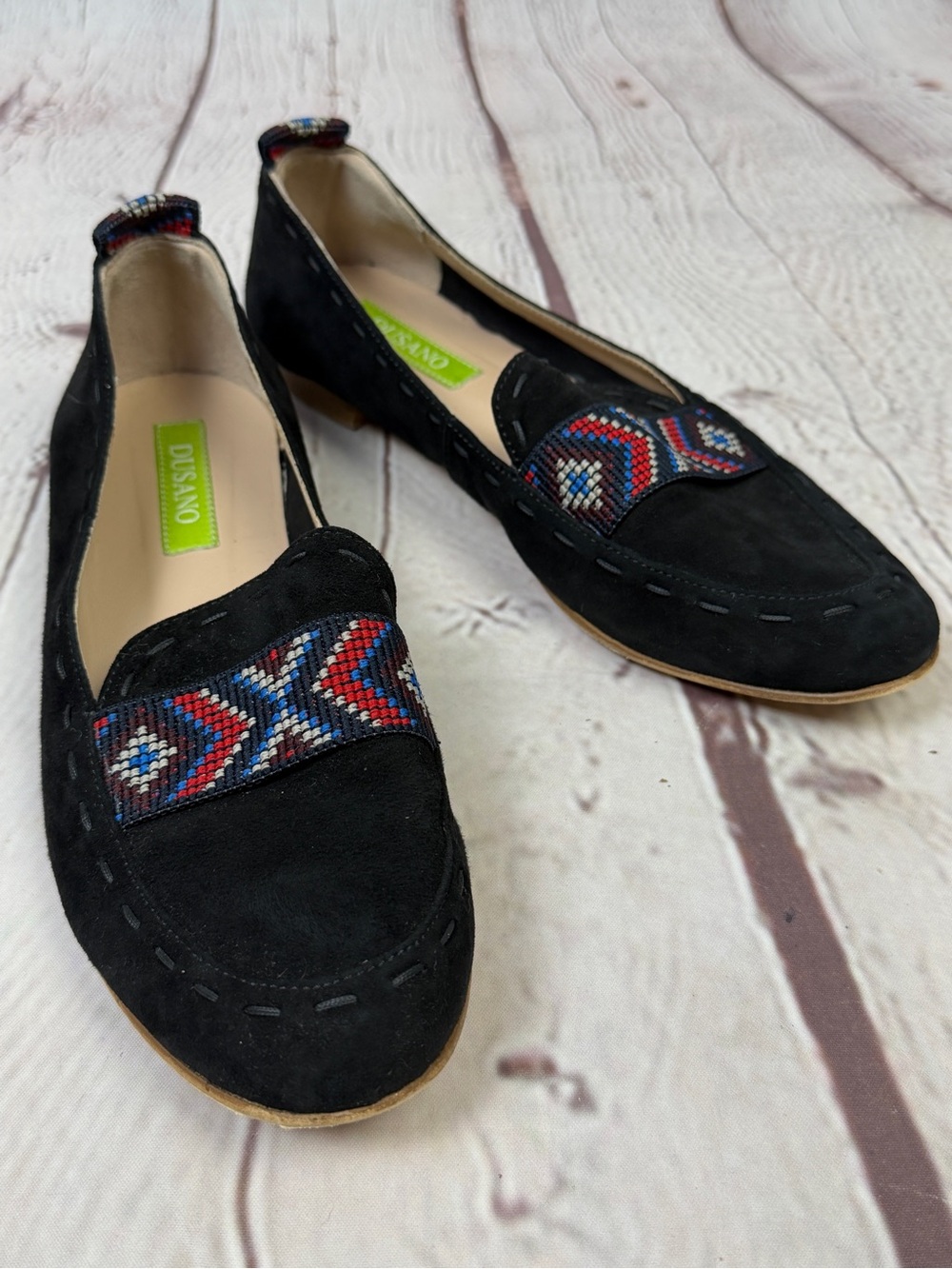 DUSANO black soft suede embroidered slip-on loafers, size 7.5 (EU 38) - Picture 2 of 11